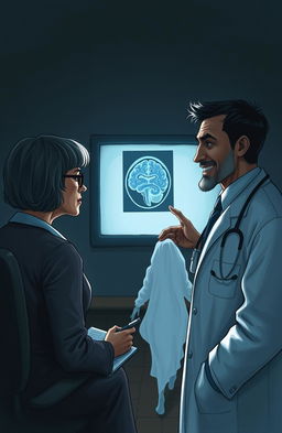 A thought-provoking and surreal illustration depicting a patient observing their psychiatrist and neurologist in a dimly lit office