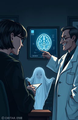 A thought-provoking and surreal illustration depicting a patient observing their psychiatrist and neurologist in a dimly lit office