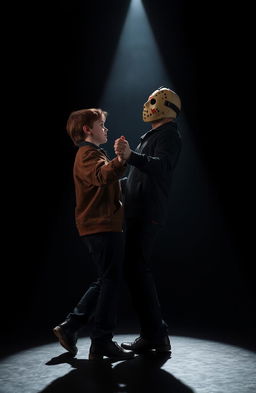 A surreal scene depicting Jason Voorhees dancing with a teenage boy who has short brown hair and a skinny build