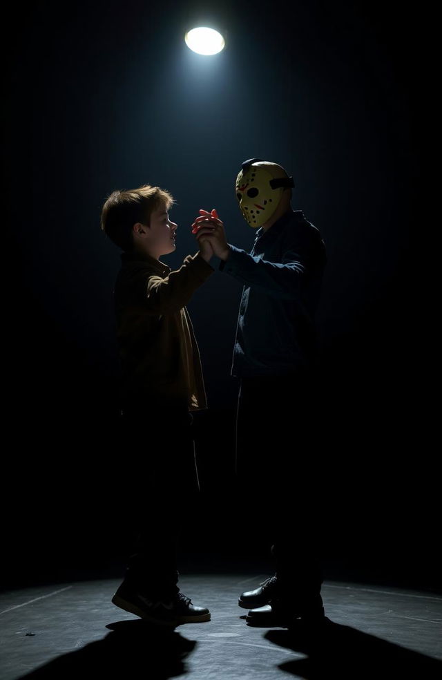 A surreal scene depicting Jason Voorhees dancing with a teenage boy who has short brown hair and a skinny build