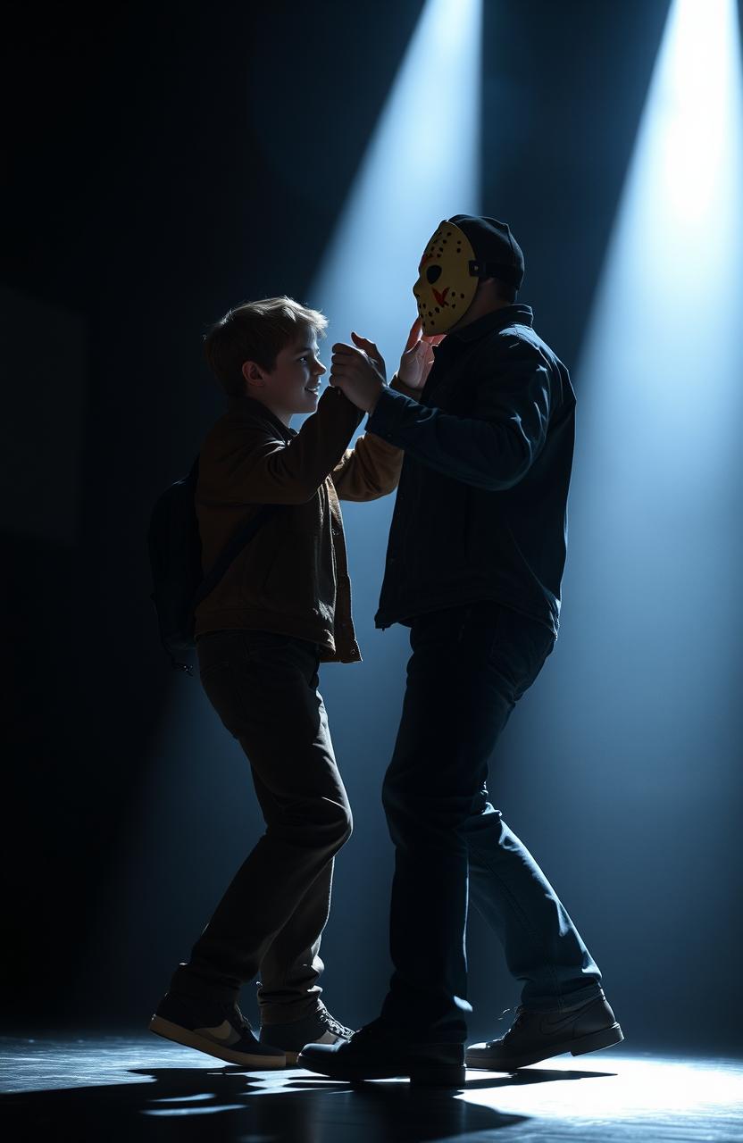 A surreal scene depicting Jason Voorhees dancing with a teenage boy who has short brown hair and a skinny build