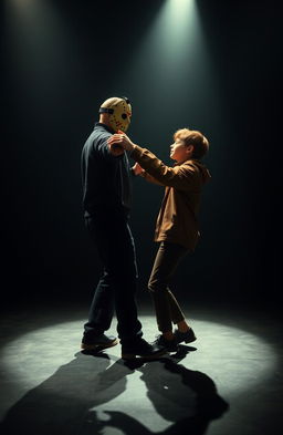 A surreal scene depicting Jason Voorhees dancing with a teenage boy who has short brown hair and a skinny build
