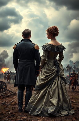 A Victorian-era battle scene, with a dramatic sky over a battlefield filled with smoke and chaos
