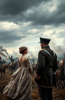 A Victorian-era battle scene, with a dramatic sky over a battlefield filled with smoke and chaos