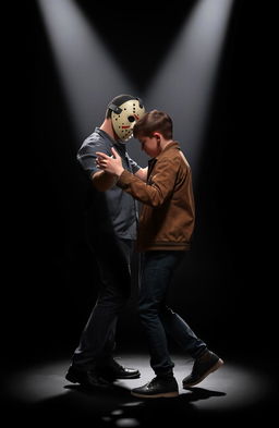 A surreal scene depicting Jason Voorhees dancing with a teen boy who has brown hair and a skinny, short body