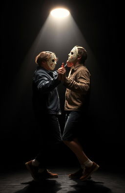 A surreal scene depicting Jason Voorhees dancing with a teen boy who has brown hair and a skinny, short body