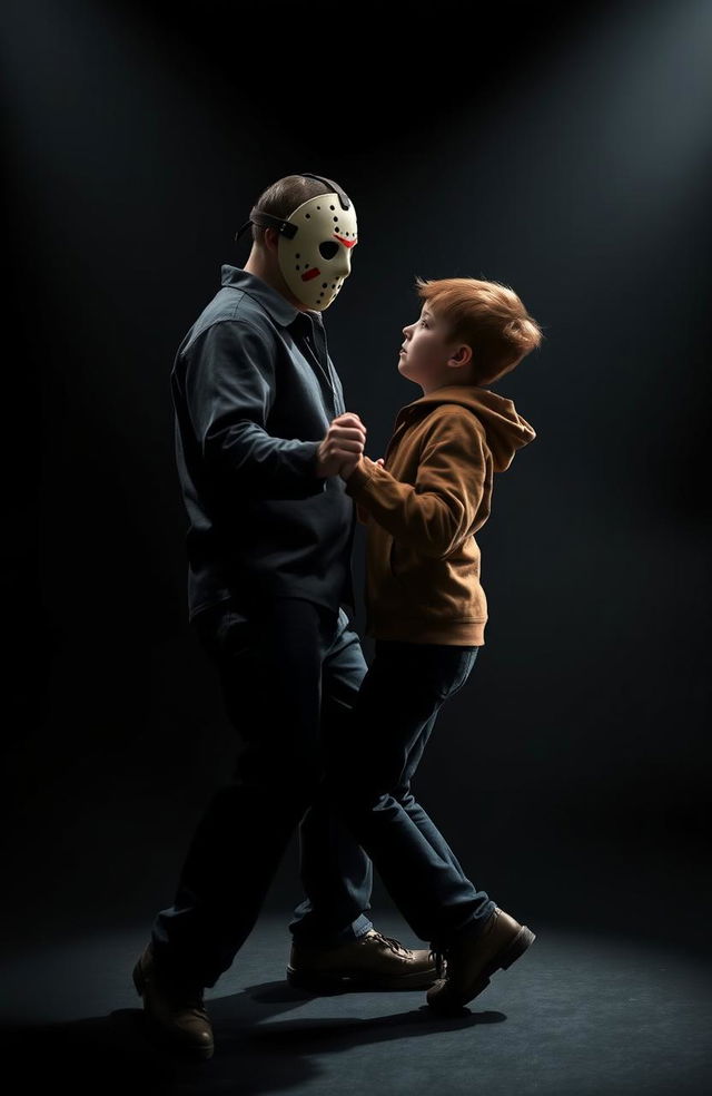 A surreal scene depicting Jason Voorhees dancing with a teen boy who has brown hair and a skinny, short body