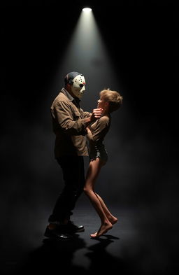 A surreal scene depicting Jason Voorhees dancing with a teen boy who has brown hair and a skinny, short body