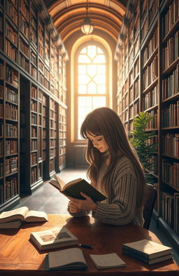A beautifully designed library with rows of ancient wooden bookshelves filled with books