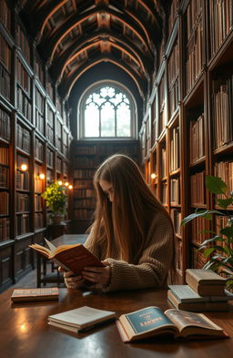 A beautifully designed library with rows of ancient wooden bookshelves filled with books