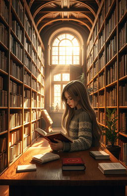 A beautifully designed library with rows of ancient wooden bookshelves filled with books