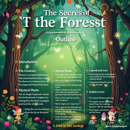 an illustrated outline of a book titled 'The Secrets of the Forest'