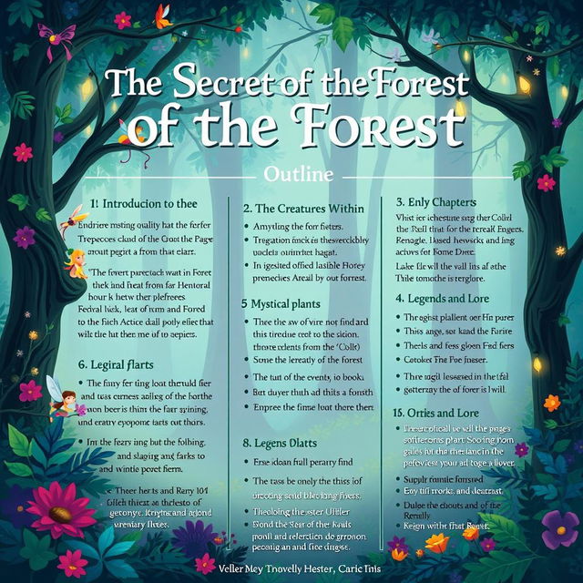 an illustrated outline of a book titled 'The Secrets of the Forest'