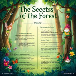 an illustrated outline of a book titled 'The Secrets of the Forest'