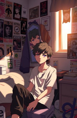 A teenage character experiencing an identity crisis, sitting in a cozy bedroom surrounded by personal items that reflect different aspects of their personality