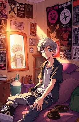A teenage character experiencing an identity crisis, sitting in a cozy bedroom surrounded by personal items that reflect different aspects of their personality