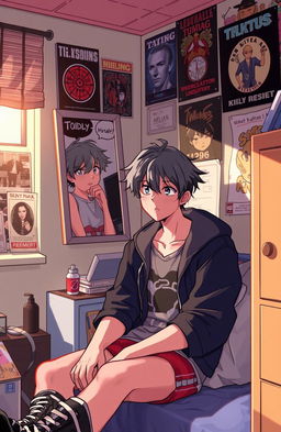 A teenage character experiencing an identity crisis, sitting in a cozy bedroom surrounded by personal items that reflect different aspects of their personality