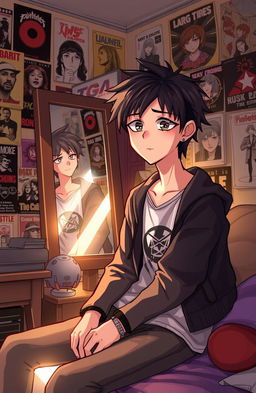 A teenage character experiencing an identity crisis, sitting in a cozy bedroom surrounded by personal items that reflect different aspects of their personality