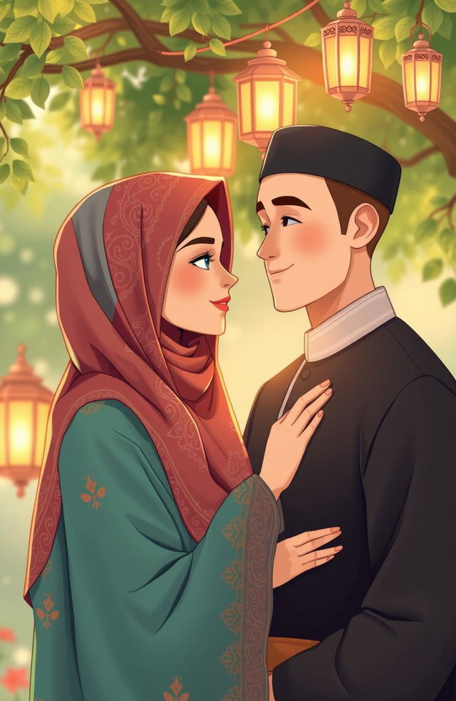 A heartwarming illustration of a romantic love story between a diverse couple set in a modern Islamic context