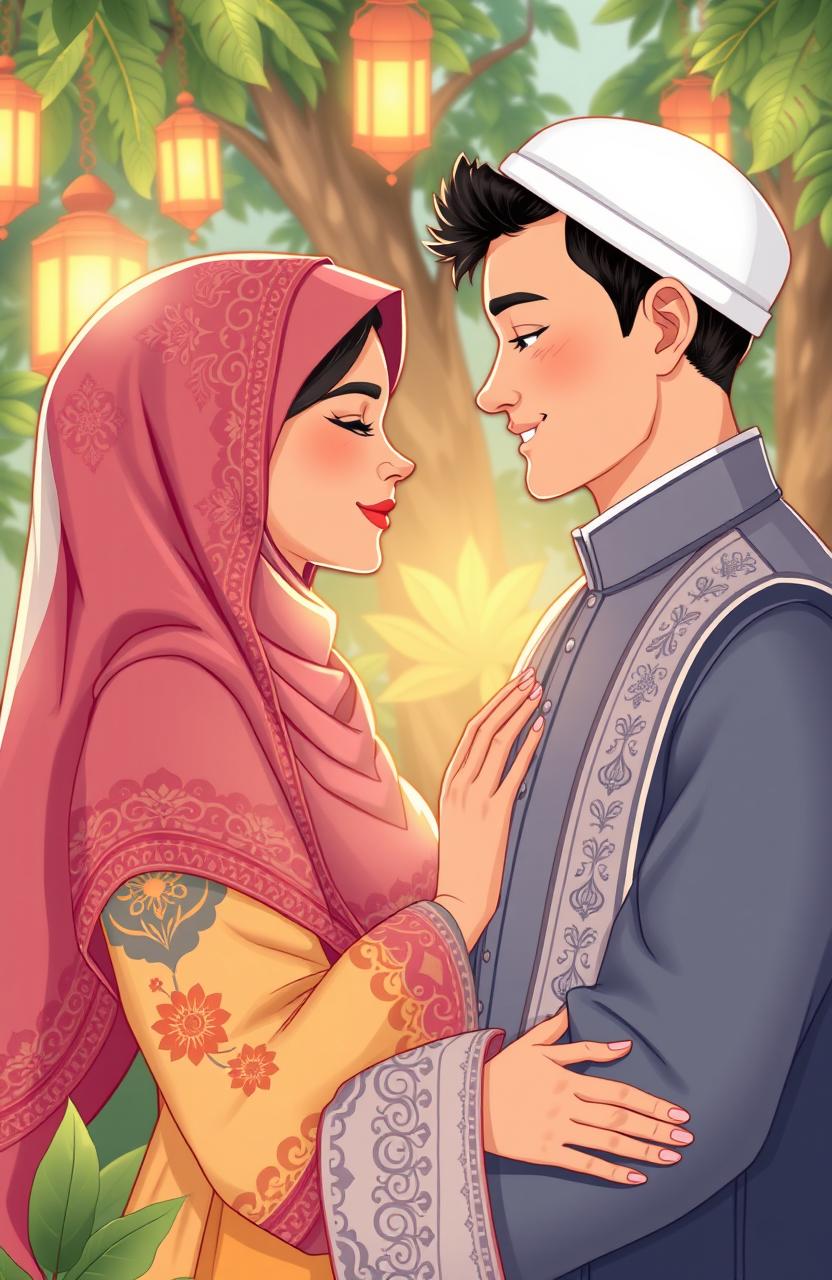 A heartwarming illustration of a romantic love story between a diverse couple set in a modern Islamic context