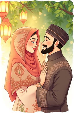 A heartwarming illustration of a romantic love story between a diverse couple set in a modern Islamic context