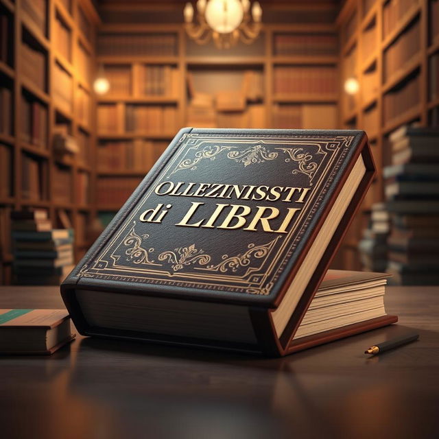 A highly detailed 3D visualization of a best-selling book titled "Collezionisti di Libri" featuring a leather-bound cover with intricate gold foil lettering and ornate designs