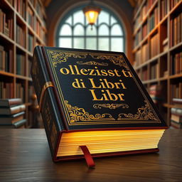A highly detailed 3D visualization of a best-selling book titled "Collezionisti di Libri" featuring a leather-bound cover with intricate gold foil lettering and ornate designs