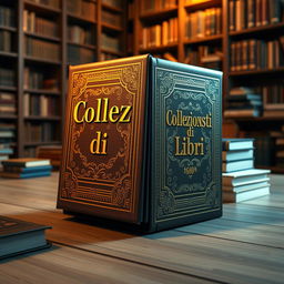 A highly detailed 3D visualization of a best-selling book titled "Collezionisti di Libri" featuring a leather-bound cover with intricate gold foil lettering and ornate designs