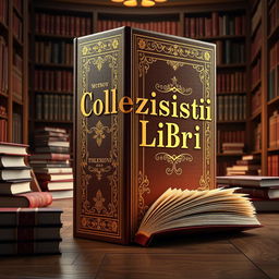 A highly detailed 3D visualization of a best-selling book titled "Collezionisti di Libri" featuring a leather-bound cover with intricate gold foil lettering and ornate designs