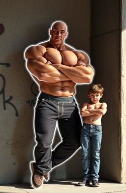 A huge buff guy with a transparent outline leans against a textured wall, arms crossed confidently