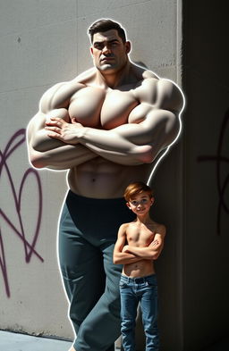 A huge buff guy with a transparent outline leans against a textured wall, arms crossed confidently