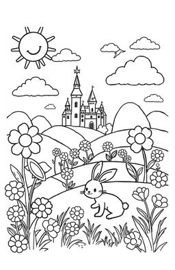 A whimsical and fun coloring page designed for kids, featuring a cheerful fantasy land filled with friendly animals, large flowers, and playful clouds