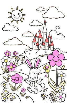 A whimsical and fun coloring page designed for kids, featuring a cheerful fantasy land filled with friendly animals, large flowers, and playful clouds