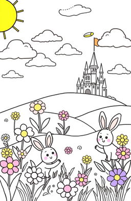 A whimsical and fun coloring page designed for kids, featuring a cheerful fantasy land filled with friendly animals, large flowers, and playful clouds