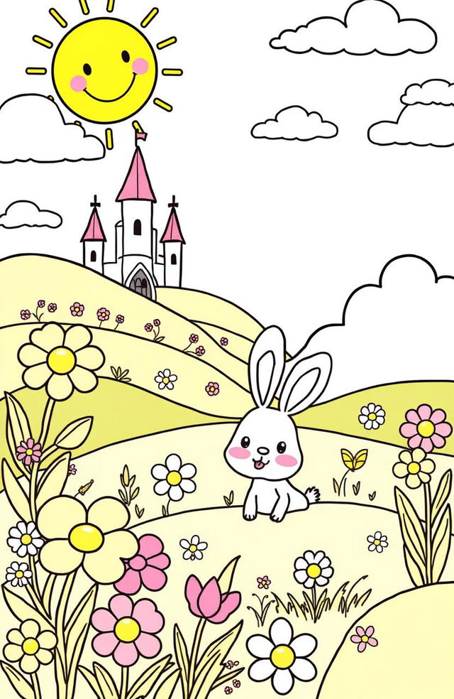 A whimsical and fun coloring page designed for kids, featuring a cheerful fantasy land filled with friendly animals, large flowers, and playful clouds