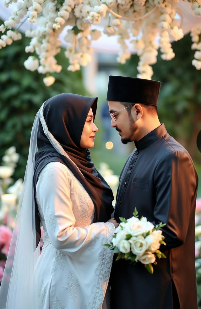 A romantic scene depicting a beautiful Islamic love story where a woman wearing a niqab and an elegant abaya is meeting a religious man