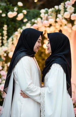 A romantic scene depicting a beautiful Islamic love story where a woman wearing a niqab and an elegant abaya is meeting a religious man