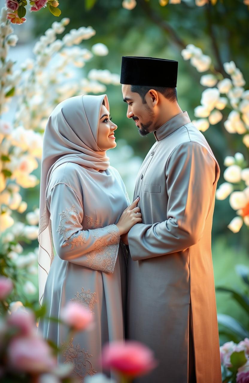 A romantic scene depicting a beautiful Islamic love story where a woman wearing a niqab and an elegant abaya is meeting a religious man