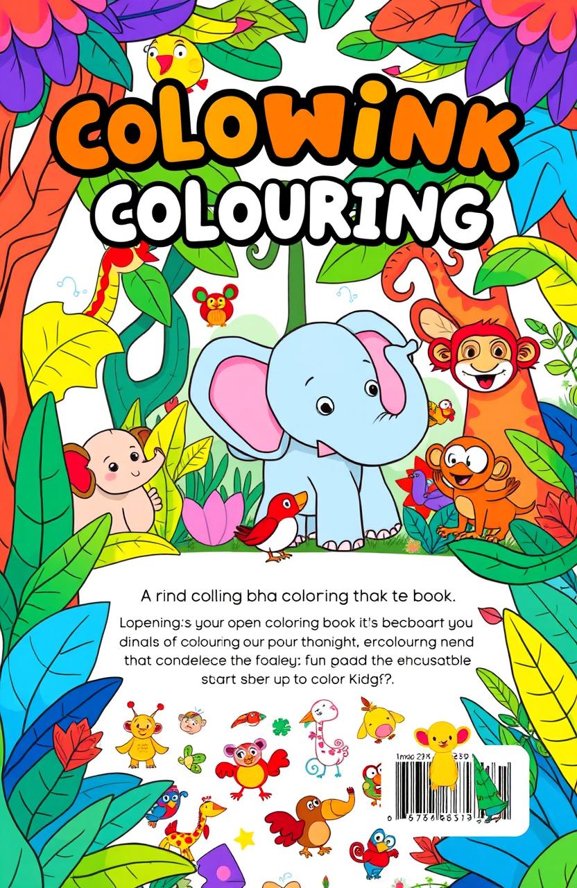 A whimsical and engaging front cover design for a children's coloring book featuring a vibrant, imaginative jungle scene filled with friendly animals like elephants, monkeys, and colorful birds