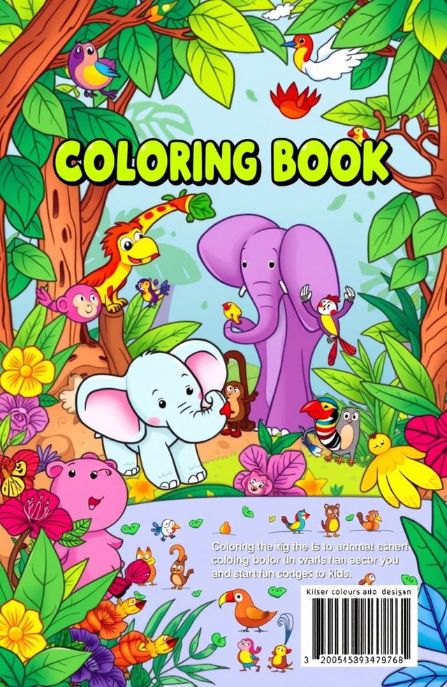 A whimsical and engaging front cover design for a children's coloring book featuring a vibrant, imaginative jungle scene filled with friendly animals like elephants, monkeys, and colorful birds