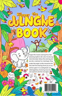 A whimsical and engaging front cover design for a children's coloring book featuring a vibrant, imaginative jungle scene filled with friendly animals like elephants, monkeys, and colorful birds