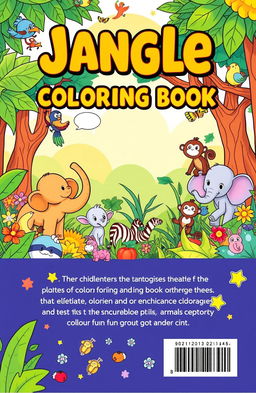 A whimsical and engaging front cover design for a children's coloring book featuring a vibrant, imaginative jungle scene filled with friendly animals like elephants, monkeys, and colorful birds