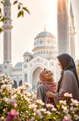 A serene scene depicting the concept of love in Islam, featuring a beautiful mosque in the background, intricate Islamic geometric patterns, and soft natural lighting