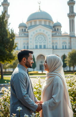 A serene scene depicting the concept of love in Islam, featuring a beautiful mosque in the background, intricate Islamic geometric patterns, and soft natural lighting