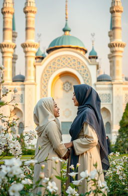 A serene scene depicting the concept of love in Islam, featuring a beautiful mosque in the background, intricate Islamic geometric patterns, and soft natural lighting