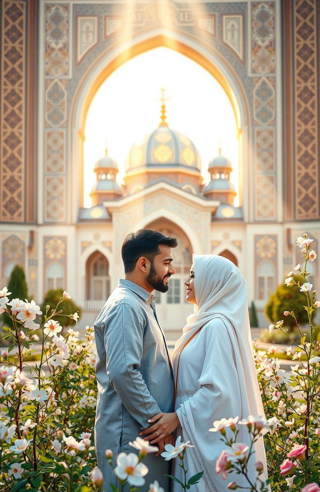 A serene scene depicting the concept of love in Islam, featuring a beautiful mosque in the background, intricate Islamic geometric patterns, and soft natural lighting