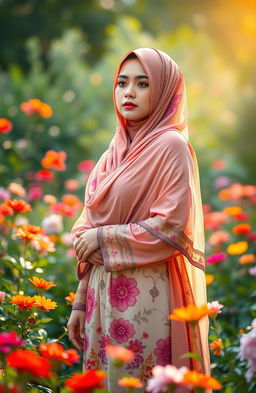 An artistic representation of a beautiful Islamic woman in a contemplative pose, wearing a colorful hijab that flows gracefully around her