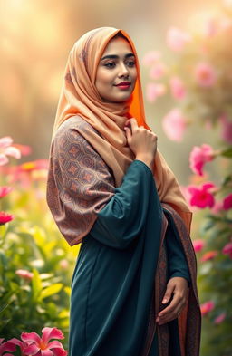 An artistic representation of a beautiful Islamic woman in a contemplative pose, wearing a colorful hijab that flows gracefully around her