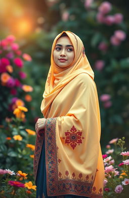 An artistic representation of a beautiful Islamic woman in a contemplative pose, wearing a colorful hijab that flows gracefully around her