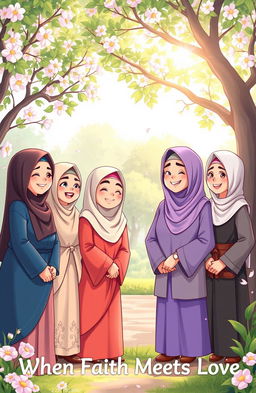 A vibrant and heartwarming cartoon scene depicting Islamic women and men coming together with smiles and hope, symbolizing the theme "When Faith Meets Love"